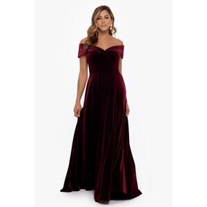 XSCAPE Off-the-Shoulder Velvet Full Skirt Fit & Flare Gown Burgundy Size 8 NWT